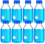 Irenare 8 Pieces Media Storage Bottles Borosilicate Storage Glass Scientific Round Graduated Media Bottle with Blue Gl45 Screw Cap for Lab Water Reagent Liquids(1000 ml)