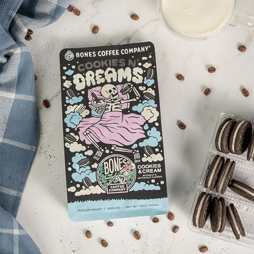 Bones Coffee Company Cookies 'N Dreams Flavored Coffee Beans, Medium Roast Ground Coffee Low Acid, Cookies & Cream Flavor (12 oz)