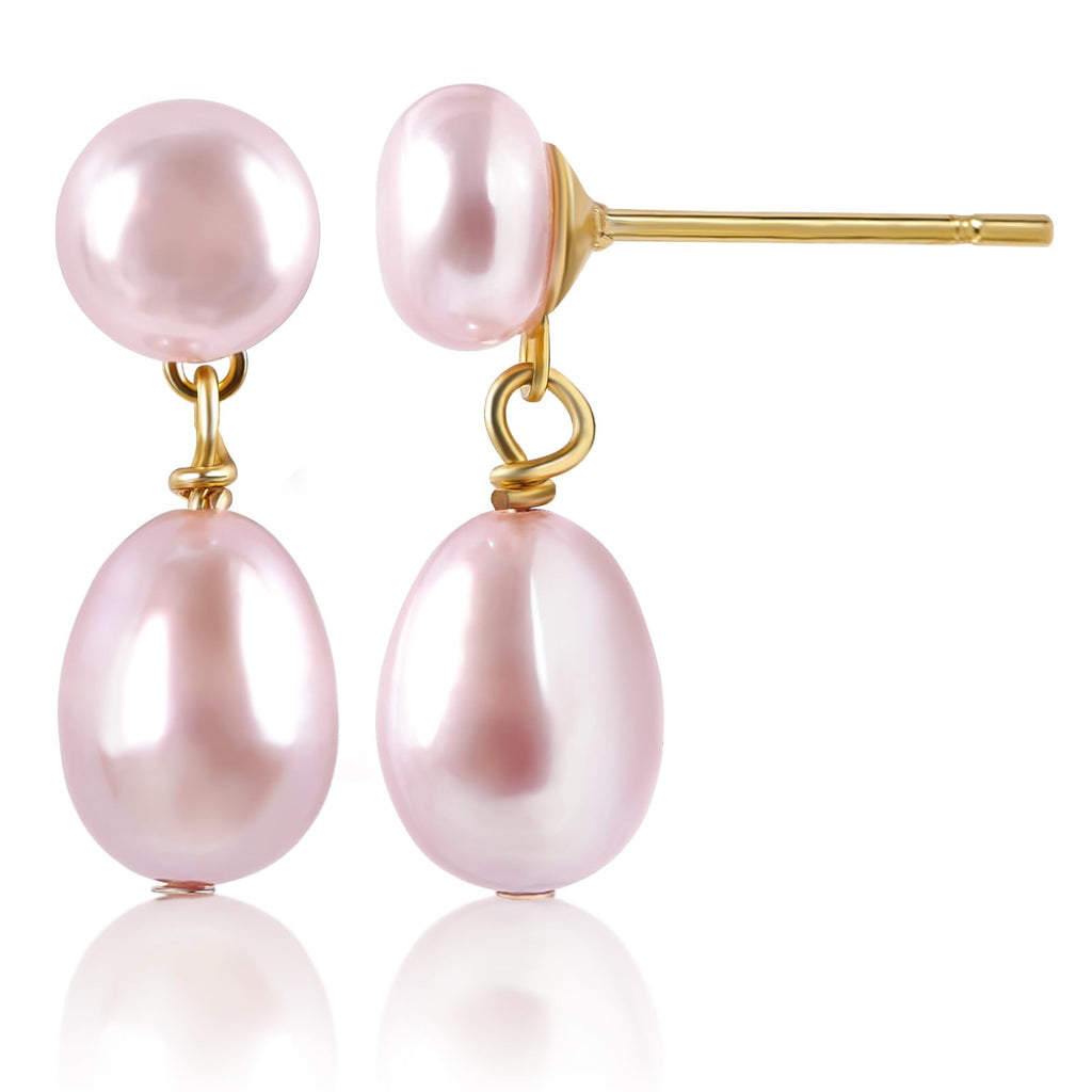Mini Pearl Drop Earrings for Women - Petite Pink Double Pearl Studs (5mm Top + 10mm Drop), Real Freshwater Cultured, S925 Silver Hypoallergenic Post, 18K Gold Plated Dainty Jewelry