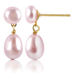 Mini Pearl Drop Earrings for Women - Petite Pink Double Pearl Studs (5mm Top + 10mm Drop), Real Freshwater Cultured, S925 Silver Hypoallergenic Post, 18K Gold Plated Dainty Jewelry