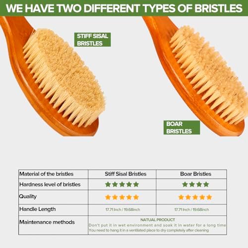 ICANdOIT-17.71Inch Natural Stiff Sisal Bristles Anti-Slip Long Handle Bath Brush,Bent Handle Shower Scrubber for Exfoliating,Shower Back Brush,Exfoliation Set with Pumice Stone(1 Pack)