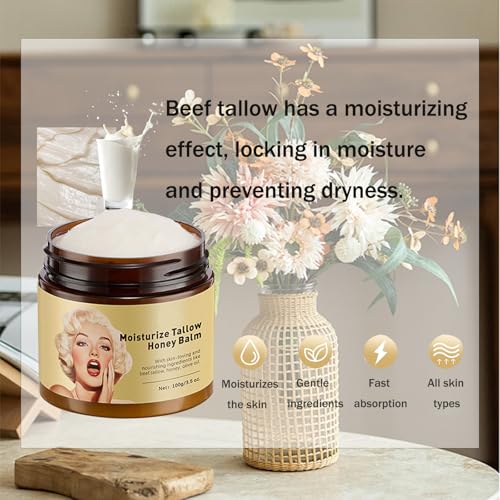 Whipped Beef Tallow and Honey Balm, Grass-Fed Beef Tallow & Raw Wild Honey Blend Moisturizer, 3.5oz, Tallow Face Moisturizer Body & Face Moisturizer Infuses the Body with Honey To Moisturize the Skin