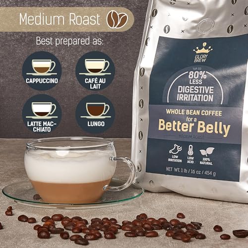 Glorybrew Low Acid Whole Bean Coffee 1 lb I Medium Roast Beans I For Sensitive Stomachs - Less Irritation I Unique Screw Cap for Fresh Coffee I 100% Natural