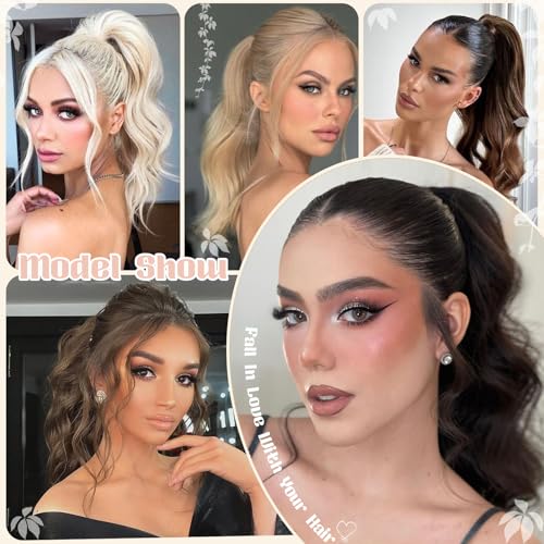 FELENDY 15" Ponytail Extension Drawstring Curly Wavy Ponytail Extensions Clip in Long Pony Tails Hair Cute Synthetic Piece for Women Light Blonde Mix Bleach Blonde