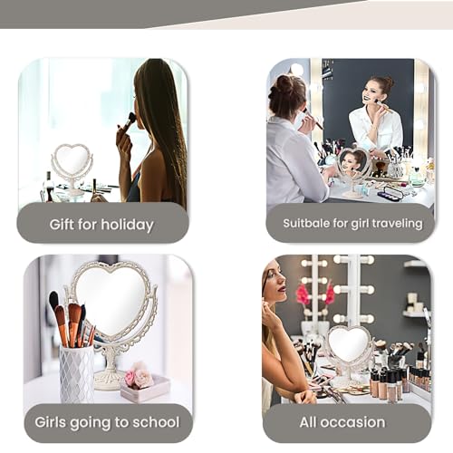 XPXKJ 7 Inch Vintage Heart Mirror - Elegant Desk Makeup Mirror with Double Sided 360 Degree Rotation Vanity Mirror for Coquette Room Decor (Beige 1pcs)