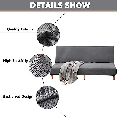 OQHAIR Armless Futon Cover Stretch Jacquard Sofa Slipcover Textured Small Checks Couch Cover Furniture Protector Machine Washable -Wine red-3Seater