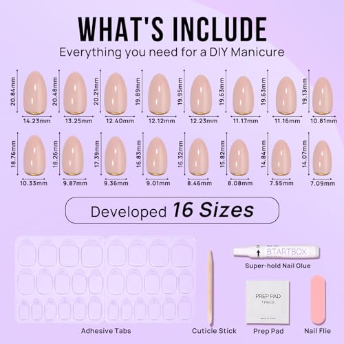 BTArtbox Press On Nails Almond - Short Nails Press Ons with Gold Foil Design, Glue On Nails for Women Gift, Supremely Fit Glossy Stick On Nails in 16 Sizes - 30 Nail Kit, Gold End