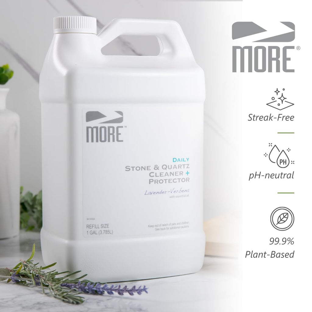 MORE Stone & Quartz Cleaner + Protector - Granite, Quartz & Marble Cleaner - For Kitchen & Bathroom Countertops - Water-Based Surface Spray Refill - Lavender-Verbena Essential Oil - Gallon (128oz)