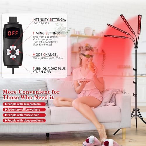 Red Light Therapy with 4 Heads, 3-in-1 Chip Infrared Light Therapy Device, Adjustable Stand, 660nm Red Light and 850nm Near Infrared Light for Face, Body, Pain,Skin, Home Use