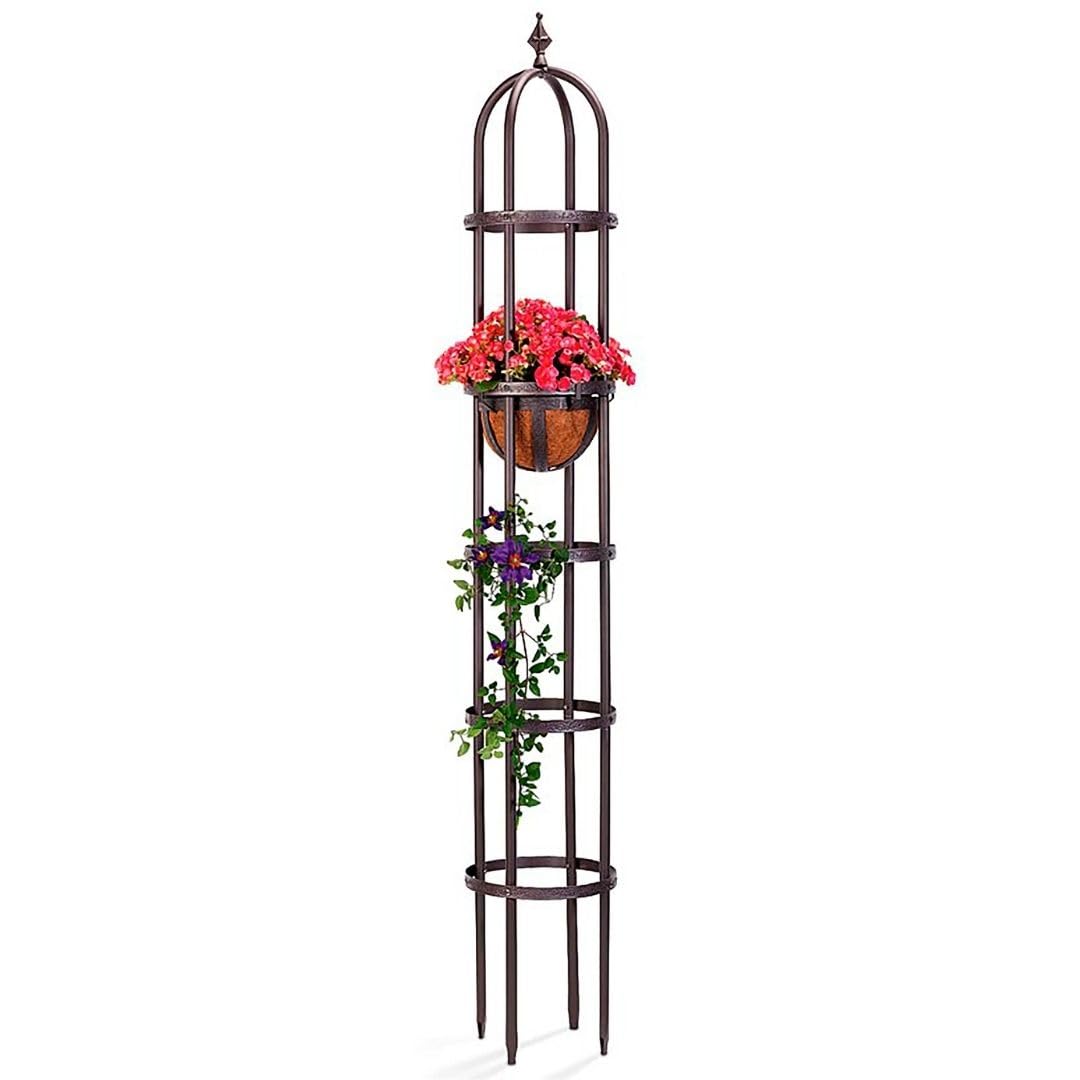 Plow & Hearth Metal Garden Obelisk | Indoor/Outdoor | Powder-Coated Steel | Trellis for Climbing | Floral Pattern | 11" Dia. x 7'H | Bronze