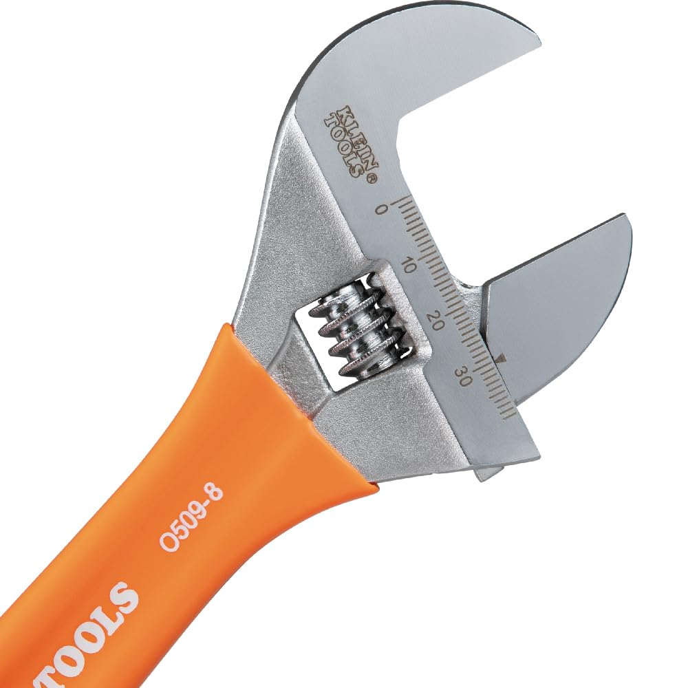 Klein Tools O5098 Adjustable Wrench, Extra-Wide Jaw, Forged Heat-Treated Alloy Steel, SAE and Metric Scales, Plastic-Dipped Handle, 8-Inch