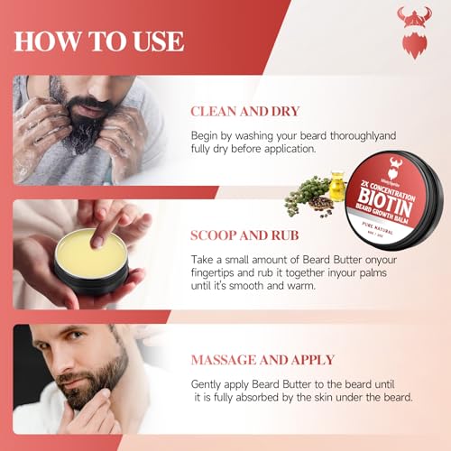 2X Concentration Biotin Beard Balm for Men & Conditioning Beard Wax - Made with Castor Oil Natural and Organic Ingredients - Hydrates & Thickens Facial Hair Growth- 2 Ounce Tin (Vanilla)