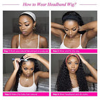 Deep Wave Headband Wig Human Hair 16 Inch Curly Headband Wigs for Black Women Human Hair Glueless None Lace Front Wigs Brazilian Virgin Hair Wig Machine Made 150% Density Natural Black Color