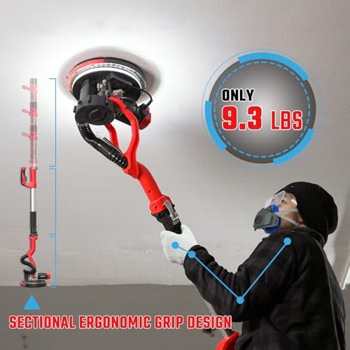 Drywall Sander, Electric Drywall Sander with Vacuum Dust Collection 7.33-Amp 880W, Floor Sanders 5 Variable Speed 1000-2100RPM with LED Light, 18Pcs Sanding Discs & 2Pcs Grid Sandpaper, Dust Mask—Red