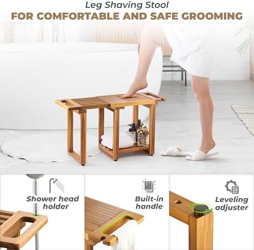 BLUEWEST Adjustable Shower Bench Stool for Inside Shower – 31.7'' Wood Bathroom Bench with Storage Shelf, Built-in Handle & Shower Head Holder, Waterproof Ideal for Sitting, Shelving Legs and Spa Use