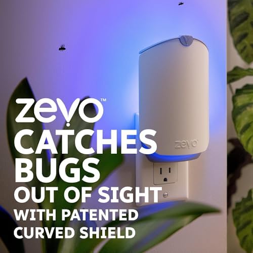 Zevo 4 Flying Insect Traps & 4 Cartridges - Plug In Fly Trap & Indoor Bug Catcher for Gnats, House & Fruit Flies - Mess-Free - Use in Any Room - Uses Blue & UV Light (4 Plug In Devices & 4 Cartridges)
