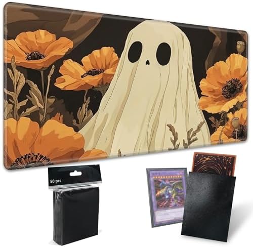 Playmats for Magic: The Gathering MTG Card Game Mat Plus 50 Pcs Card Sleeves, 24 x 14 inch TCG Mat with Stitched Edge for Commander Deck Duskmourn Board Game, White Ghost