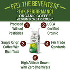 Peak Performance High Altitude Organic Coffee. Fair Trade, Low Acid, Non GMO, and Beans Full Of Antioxidants. Medium Roast Smooth Tasting USDA Certified Organic Ground Coffee Bag