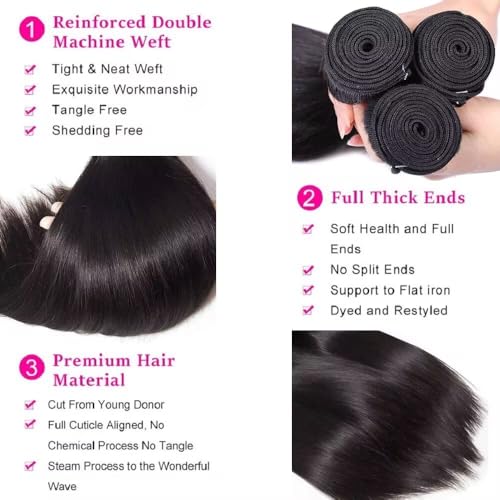 2x6 HD Lace Closure with Bundles 10 12 14+10 Inch Straight Bundles with Closure Human Hair 100% Unprocessed Brazilian Virgin Weave Bundles Human Hair 3 Bundles Deals with Closure