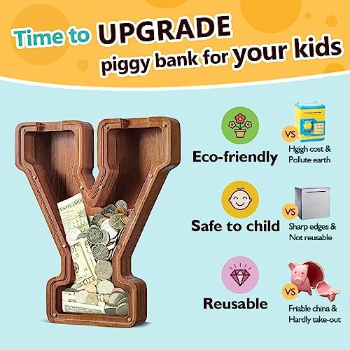 Summidate Customized Name Large Wooden Piggy Bank for Kids Boys Girls Alphabets Letter A-Z Coins Bills Money Change Bank Box Initial on Clear Cover (Laser Engraved) (Alphabet-Y, Personalized-12)