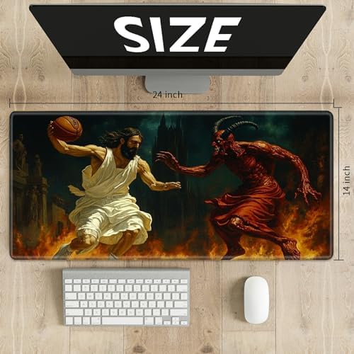 Playmats for Magic: The Gathering MTG Card Game Mat Plus 50 Pcs Card Sleeves, 24" x 14" TCG Mat with Stitched Edge for Commander Deck Duskmourn Board Game, Jesus Play Basketball with The Devil