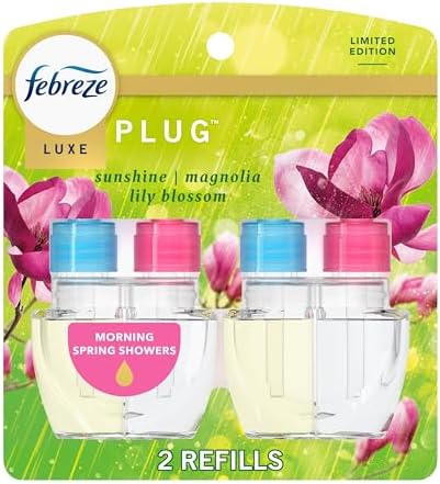 Febreze Plug In Air Freshener, Odor-Fighting Scented Oil Refill, Moring Spring Showers, 2 Refill