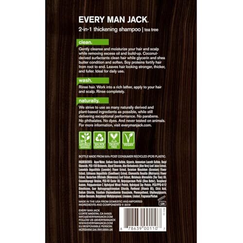 Every Man Jack 2-in-1 Thickening Shampoo + Conditioner - Thicken, Cleanse, and Hydrate Hair with Coconut, Aloe, and Tea Tree Oil - Naturally Derived and No Harsh Chemicals - Twin Pack