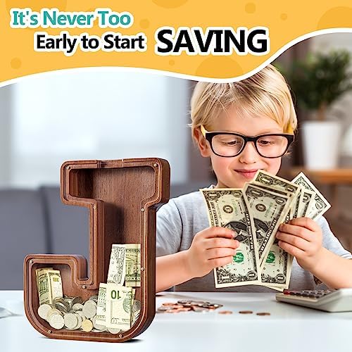 Summidate Large Wooden Piggy Bank for Kids Adults, Alphabets Letter A-Z Piggy Bank for Boys Girls, Coins Bills Change Bank Box Personalized Initial Name Kids Money Bank for Birthday Present and Decor