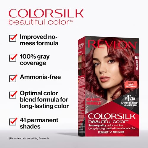 Revlon ColorSilk Permanent Hair Color, 100% Gray Coverage Dye Kit, Ammonia-Free, Keratin and Amino Acids, Red Shades, 45 Bright Auburn (Pack of 3)