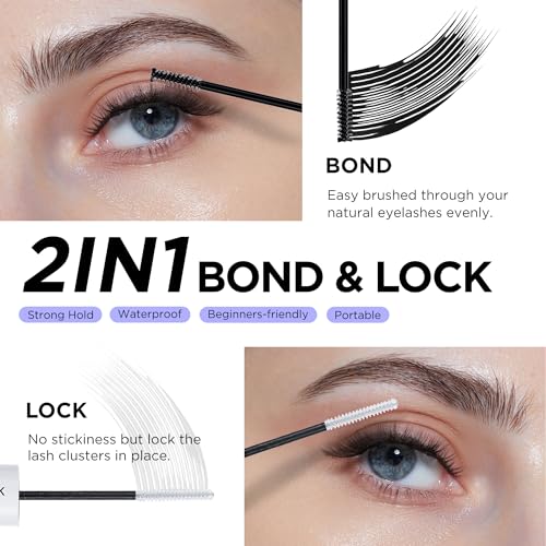 BEYELIAN Lash Bond and Seal, Cluster Lash Glue for Individual Cluster Lashes DIY Eyelash Extensions Latex Free Aftercare Sealant with Mascara Wand Super Strong Hold 72 Hours (2 Pack)