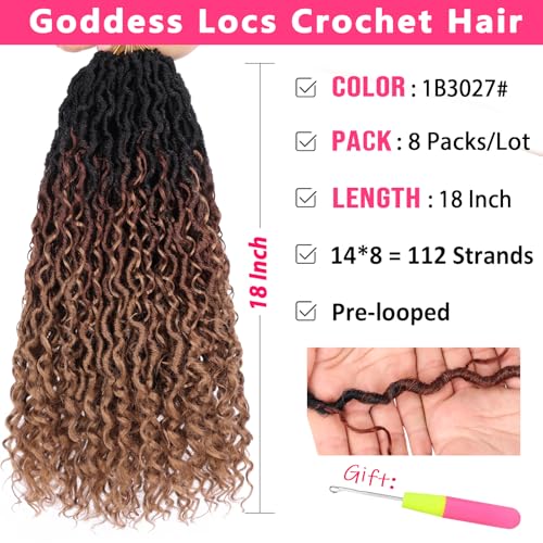 8Packs Goddess Locs Crochet Hair 18 Inch Ombre Faux Locs Crochet Hair with Curly Ends Pre-looped River Locs Crochet Braids Boho Hippie Locs Synthetic Hair Extensions(#1B3027)