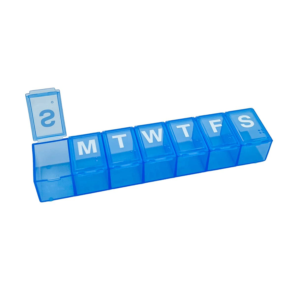 Amazon Basic Care 7-Day Weekly Pill Organizer, Portable Medicine and Vitamin Planner Box with Medium Compartments, Blue