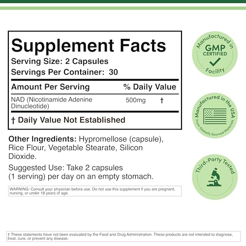 Double Wood Supplements NAD+ Anti Aging & Cell Regeneration | 500mg of 95% Pure NAD Plus Per Serving, 30 Day Supply | Similar to Nicotinamide Riboside | Third Party Tested, Vegan Safe, Non-GMO