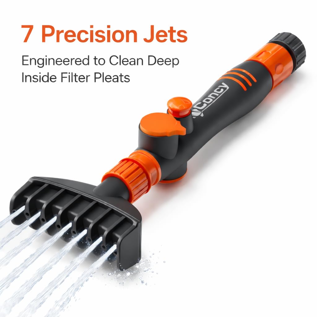 Concy Pool & Spa Cartridge Filter Cleaner – 7-Jet Comb Cleaning Wand for Deep Pleat Cleaning, Hose-Powered, Pleat-Safe Design, Fits Standard Garden Hoses