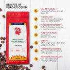 Puroast Low Acid Coffee Half Caff | Half Caff House Blend Ground | Medium Roast | High Antioxidants & High pH |No Bitter Aftertaste | Reduced Heartburn & GERD | Suitable for Cold Brew - 2.2 LB