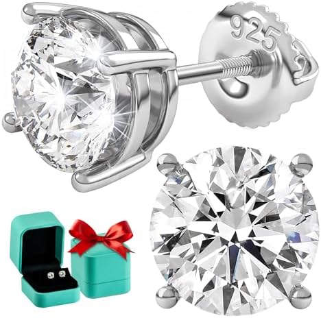 Moissanite Stud Earrings Screw Back - Moissanite Earrings for Women & Men, Lab Created Diamond Earrings, Lab Diamond Earrings, 925 Sterling Silver, D Color, VVS1 Clarity, Round, 0.6-3ct