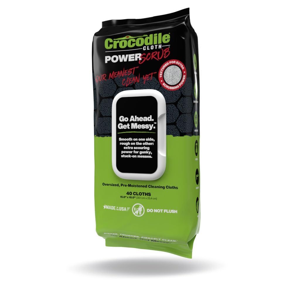 Crocodile Cloth PowerSCRUB - 40 (15" x 10") Heavy Duty Cleaning Wipes - Dual-Surface Cloths, Moist, Absorbent, & Disposable - Safe on Skin & Multiple Surfaces