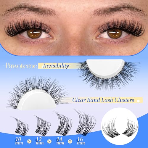 Pawotence Lash Clusters Kit Wispy Clear Band Lash Extension Kit 10-16mm Cluster Eyelash Extensions Kit Individual Lashes Wipsy Eyelash Clusters with Clear Lash Bond and Seal, Lash Tweezers