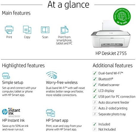 HP DeskJet 2755 All-in-One Wireless Printer Scanner Copier Instant Ink Ready Mobile Print Black 7.5ppm Color 5.5ppm Wifi Inkjet Computer Printers for Home Use and Office, Grey (Renewed)