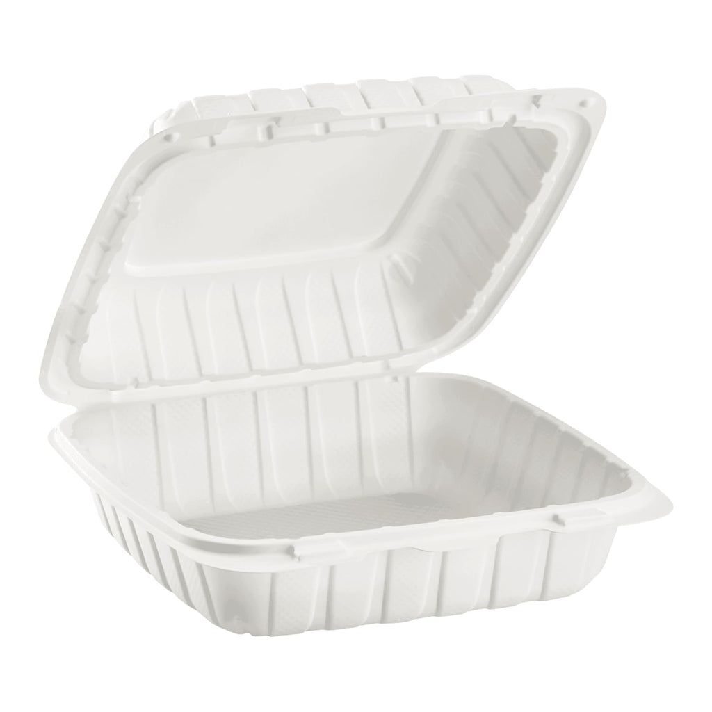 KARAT EARTH Clamshell Take Out Food Containers [8"x8" - 200 ct] To Go Containers | Microwavable, Freezer Safe, Soak-Resistant, Durable, Stackable | Vented for Hot/Cold Foods, White