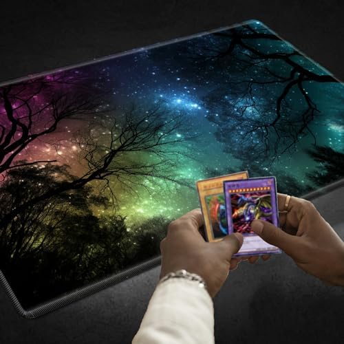 for MTG Playmat TCG Board Game Mat Plus 50 Pcs Card Sleeves, 24 x 14 Table Mats Night Sky Forest Game Mousepad with Soft Surface Non-Slip Base for MTG Trading Card Game Playmats