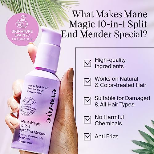 Eva NYC Mane Magic 10-in-1 Split End Mender Hair Treatment, 4 Fl Oz, Repairs ends for healthier, stronger & Damaged hair, GMO, Cruelty-Free