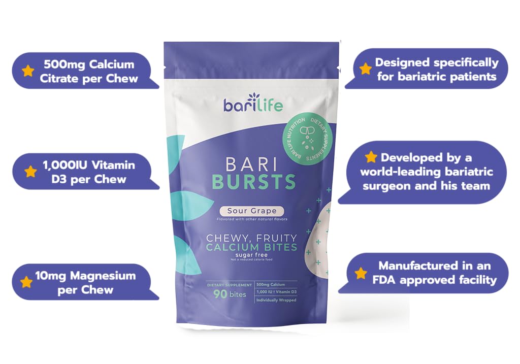 Calcium Citrate Bariatric Calcium Chews with 1000 IU Vitamin D3 - Ideal for Bariatric Patients - BariBurst by Bari Life (Sour Grape)