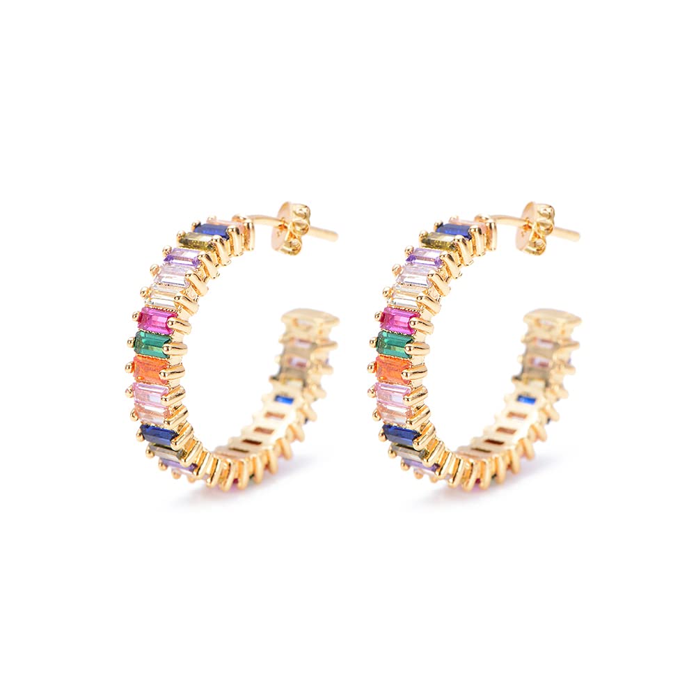 Savlano 14K Gold Plated Cubic Zirconia Multicolor Rainbow Round Hoop Stud Earrings for Women Comes with a Gift Box (Yellow)