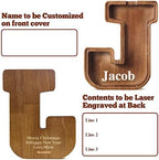 Customized Name Large Wooden Piggy Bank for Kids Boys Girls Alphabets Letter A-Z Coins Bills Money Change Bank Box Initial on Clear Cover (Laser Engraved) (Alphabet-J, Personalized-12)