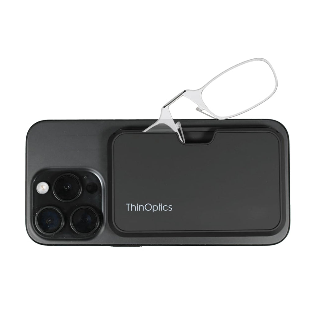 ThinOptics Readers with Magsafe Compatible Case - Armless On-Nose Reading Glasses - Slim Case Attaches to Phone - Clear 1.5x