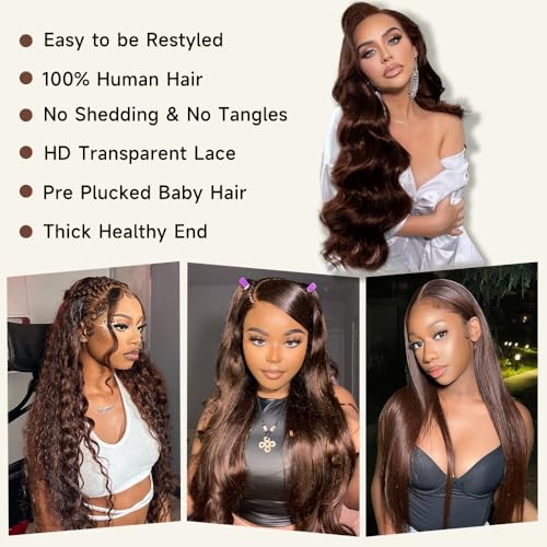 24 Inch Chocolate Brown Lace Front Wig 13x4 Body Wave Lace Front Wigs Human Hair Pre Plucked with Baby Hair Brown Wig Human Hair 200 Density HD Lace Frontal Wigs Human Hair