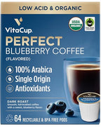 VitaCup Perfect Blueberry Flavored Low Acid Coffee Pods, Organic, Fair Trade, Dark Roast Single Origin from Guatemala, Clean & Pure, Recyclable Single Serve Pods, 64 Ct