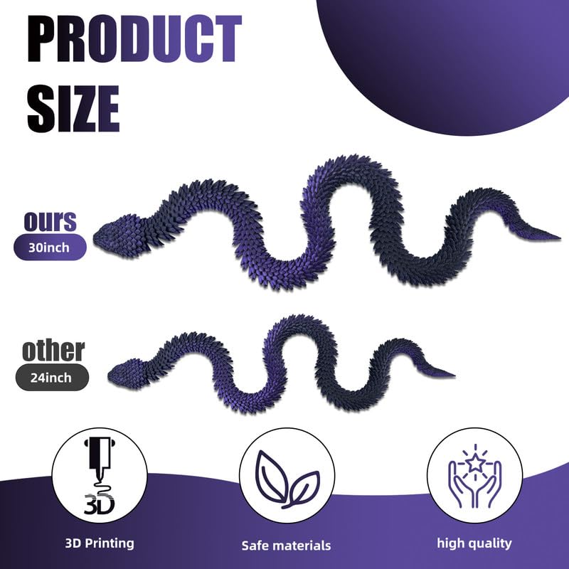 30 Inch 3D Printed Snake - Movable Articulated Snake, Perfect 3D Printed Animals for Educational Toys! Must-Have Toys for Kids and Collectors, Home Office Executive Desk Decor (Black Purple)