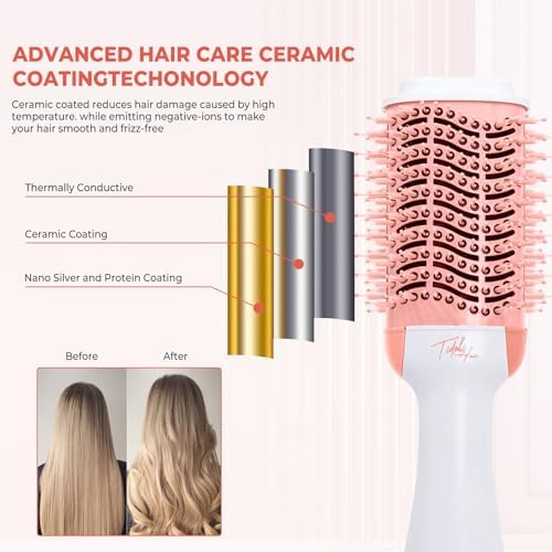 Hot Air Brush 4 in 1 Hair Dryer Brush，One Step Hair Dryer,Styler,Volumizer,Hair Curler,Negative Ion Anti-frizz Ceramic Titanium Barrel Hot Air Brush Hair Straightener Brush Pink White